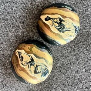 Vintage Clip On Earrings Large Round Black Gold Cream Enamel 1.5”